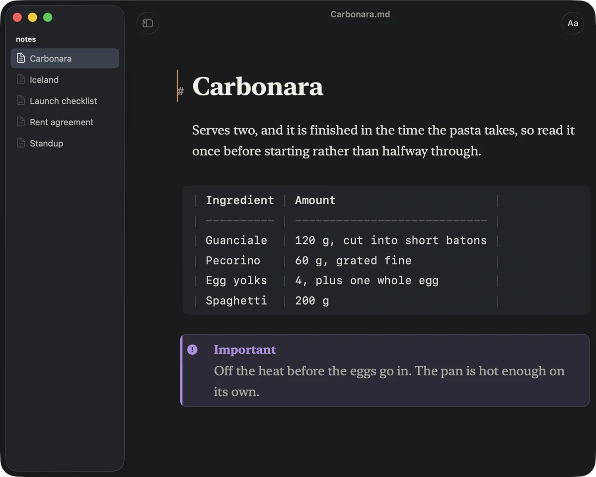 The same editor in a dark colour scheme, showing a recipe.