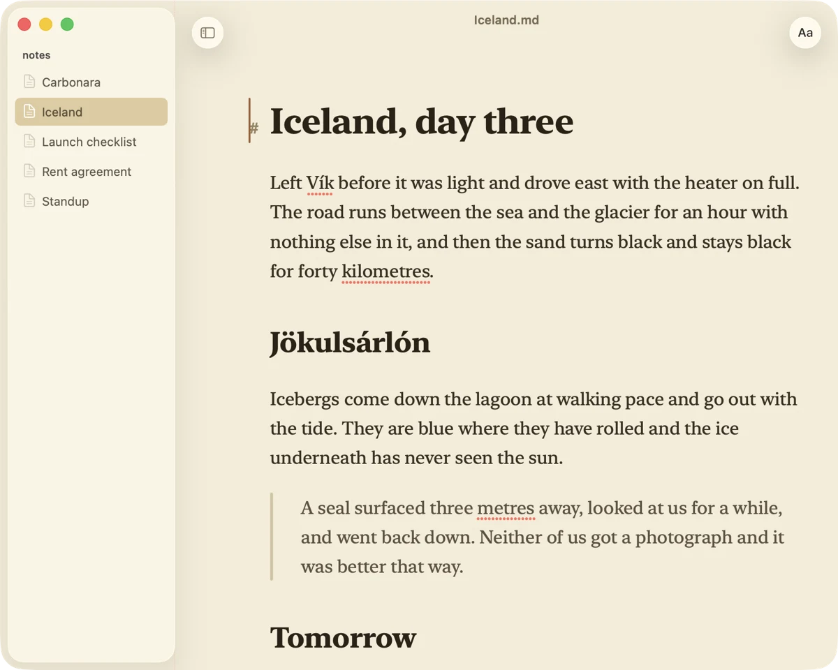 A narrow window in a sepia colour scheme, showing a travel journal.