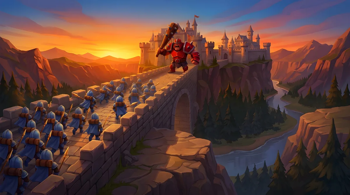 A painted legion of blue-helmeted soldiers marching across a stone bridge toward a red armoured brute at sunset.